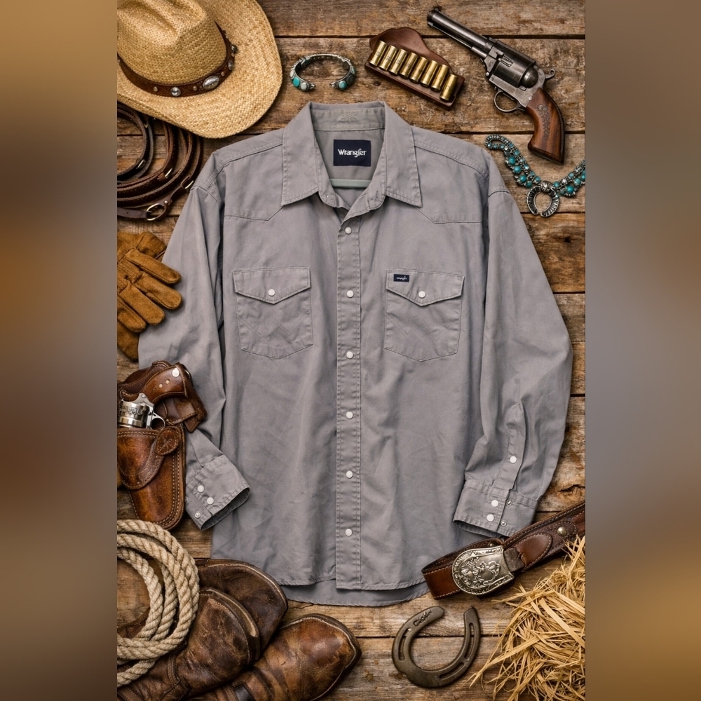 Wrangler Vintage heavyweight long sleeve pearl snap gray shirt. Size 2XL